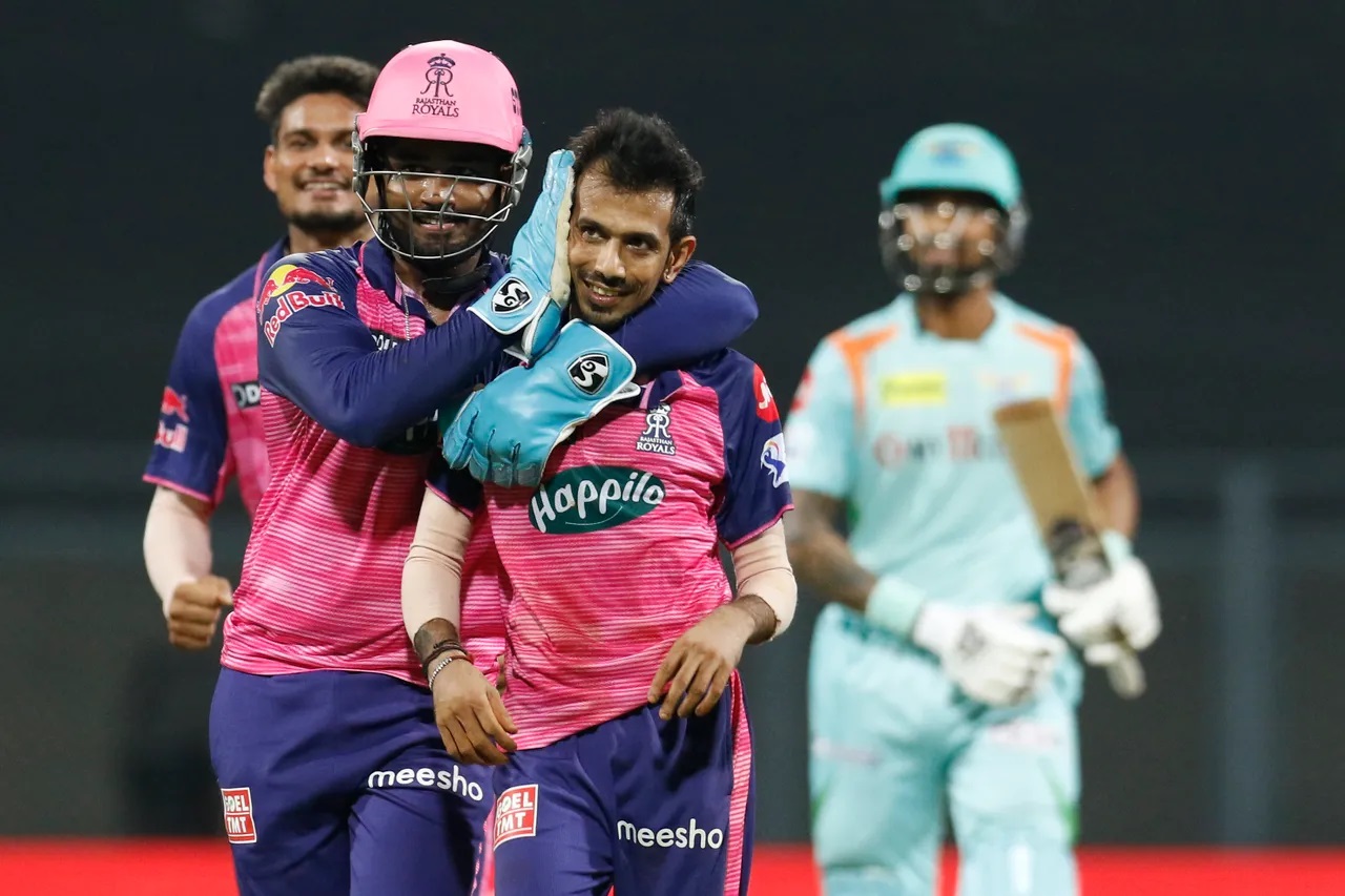Yuzvendra Chahal and Sanju Samson celebrating a wicket against LSG