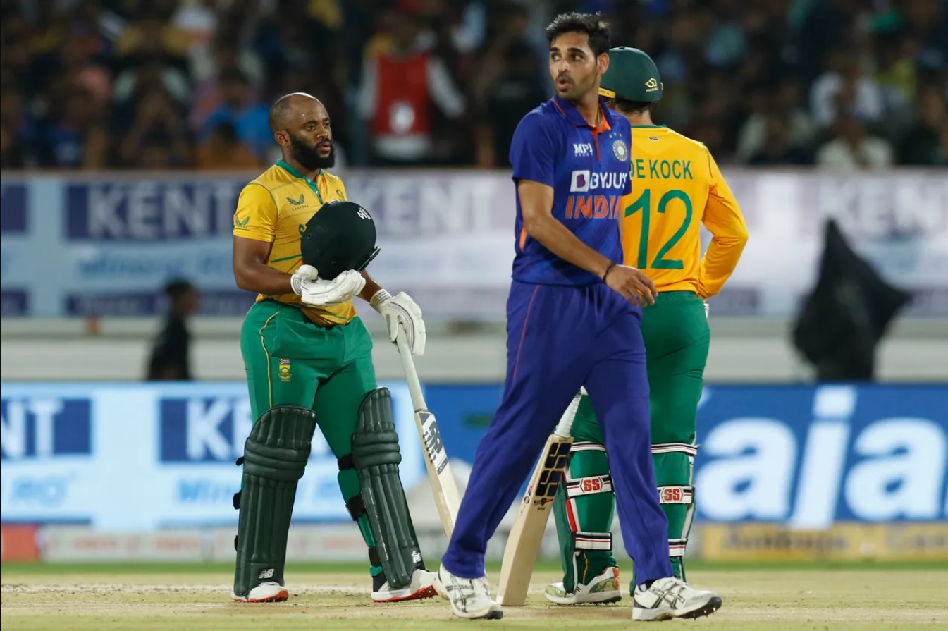 Indian players rush to check ‘injured’ Temba Bavuma after a nasty blow.