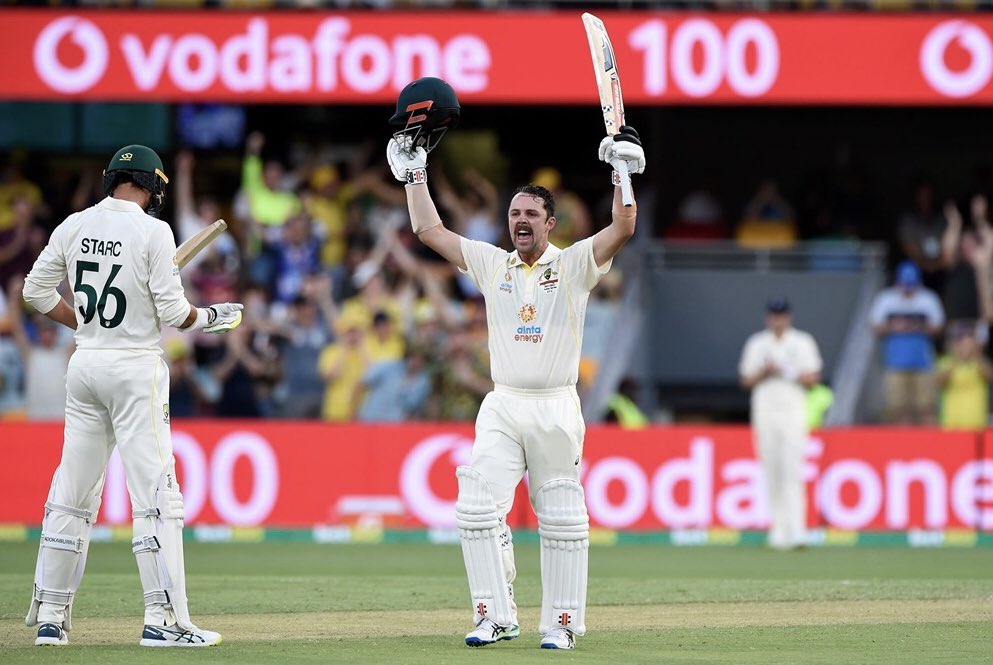Travis Head celebrates his maiden Ashes hundred