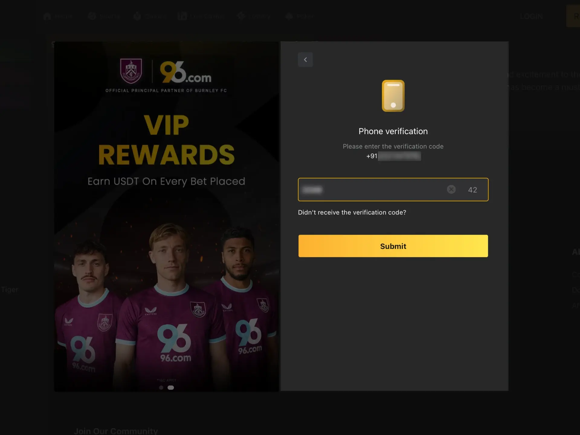 Enter the OTP received via SMS to verify your 96In Aviator account