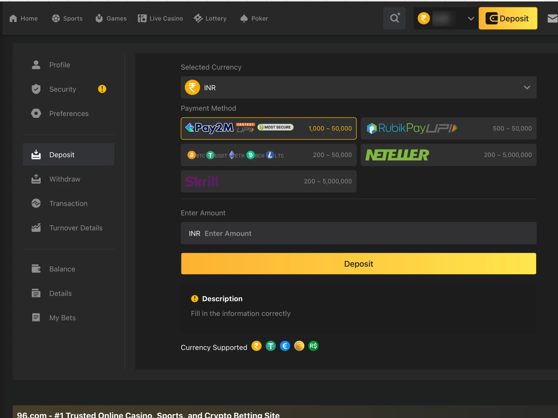 Top up your 96In Aviator account instantly through UPI, Pay2M, or crypto.