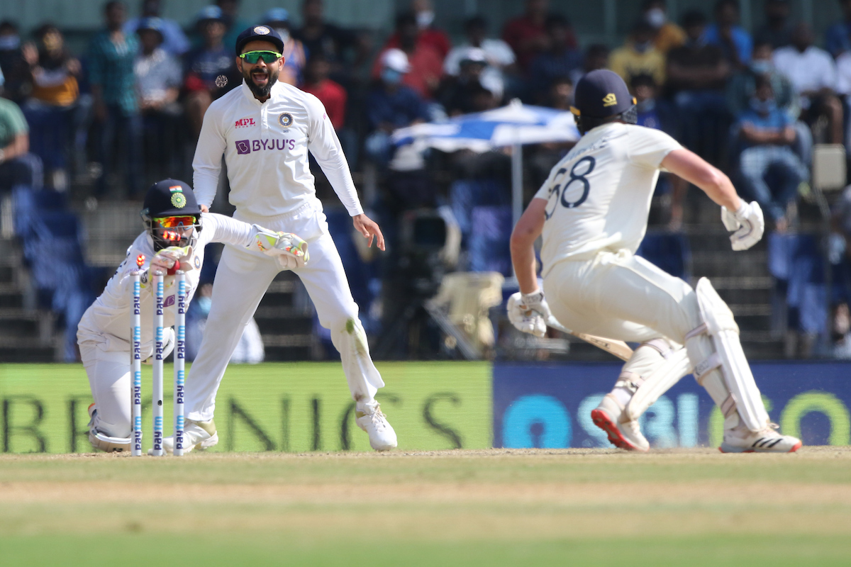 Rishabh Pant effecting a sharp stumping to send Daniel Lawrence back