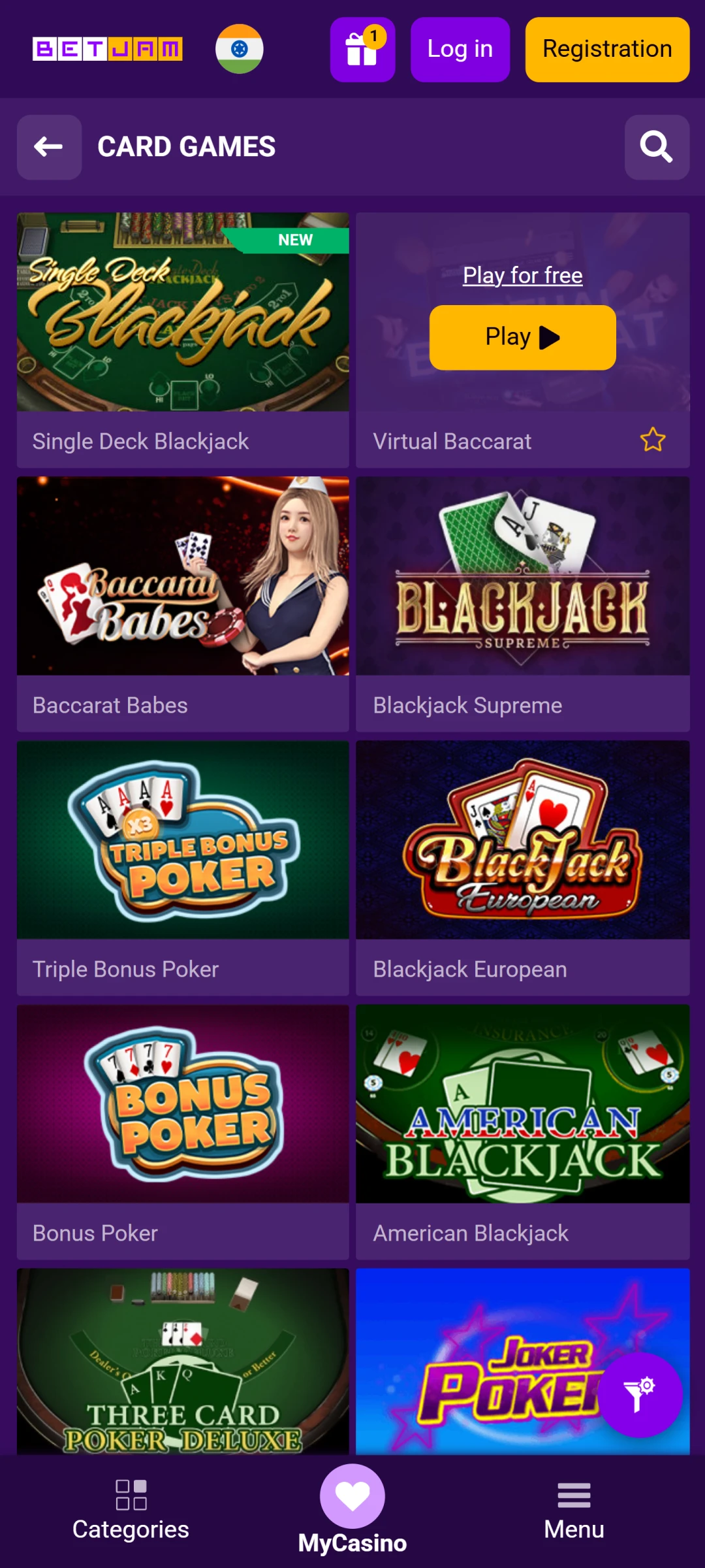 Betjam casino interface.