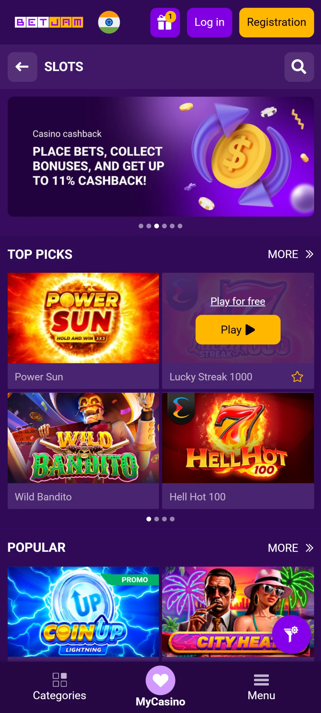 Betjam casino interface.