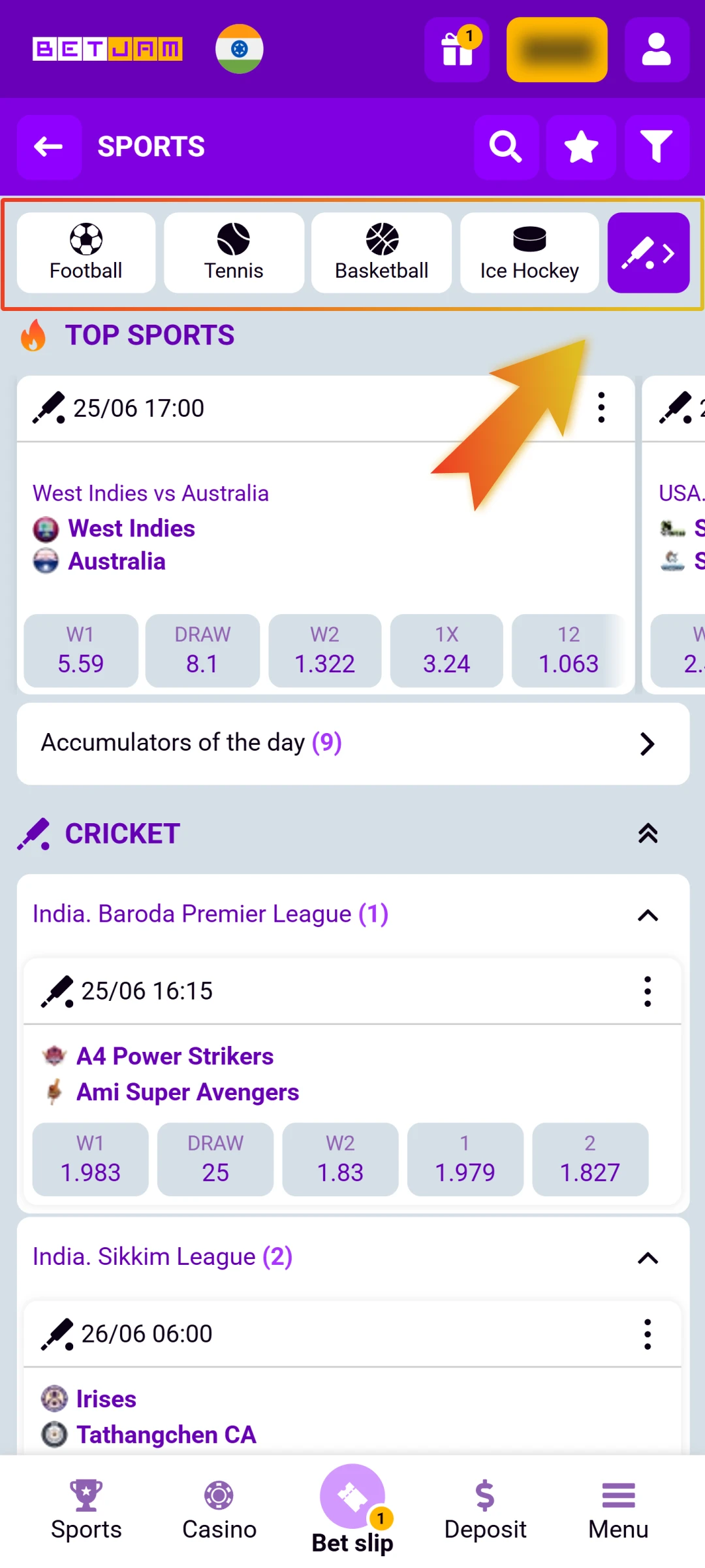 Choose a Sport of Interest on Betjam mobile sport book.