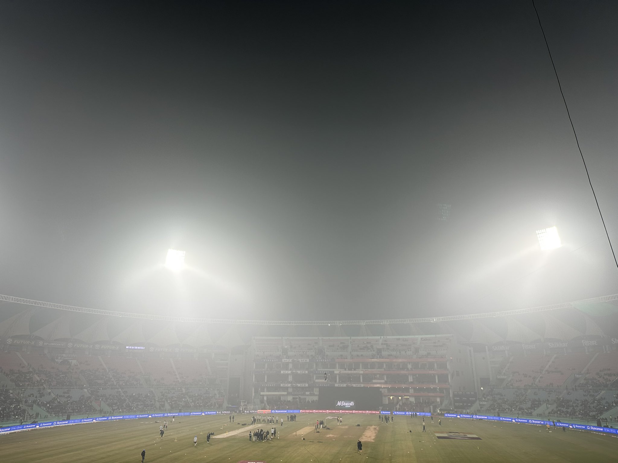 The Ekana Cricket Stadium in Lucknow clouded by heavy fog with the fourth T20I between India and South Africa getting called off.