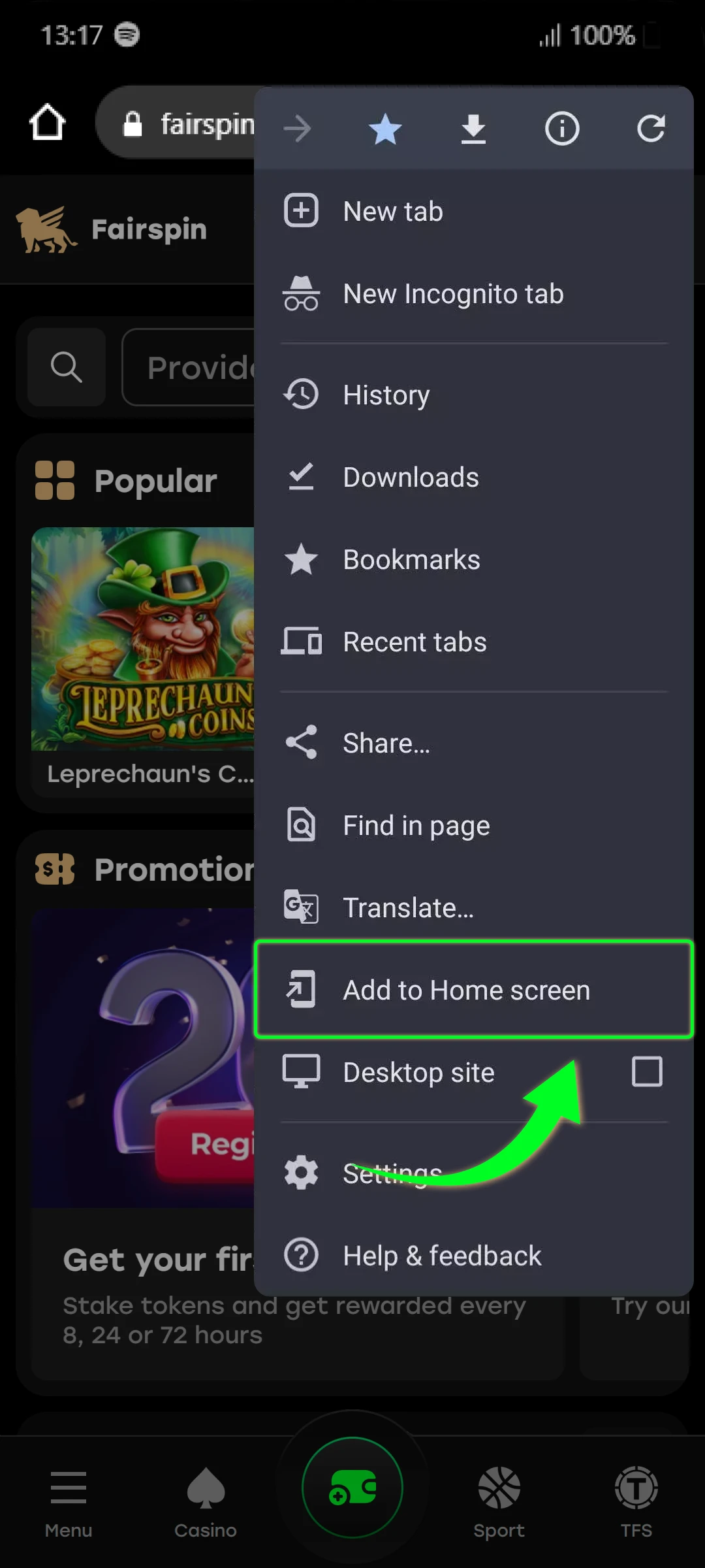 Download and install the Fairspin apk from the website.