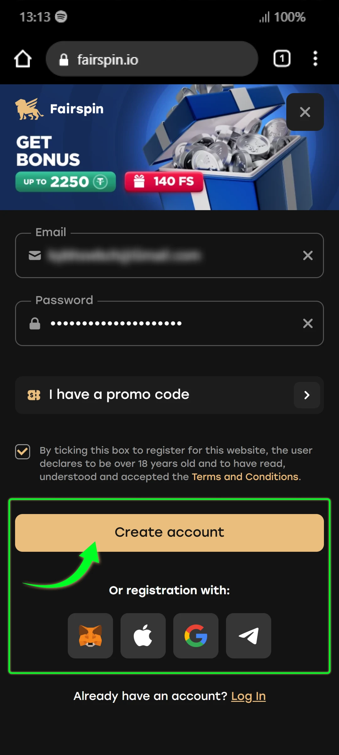 After filling out the first form, click on the “Create account” button.