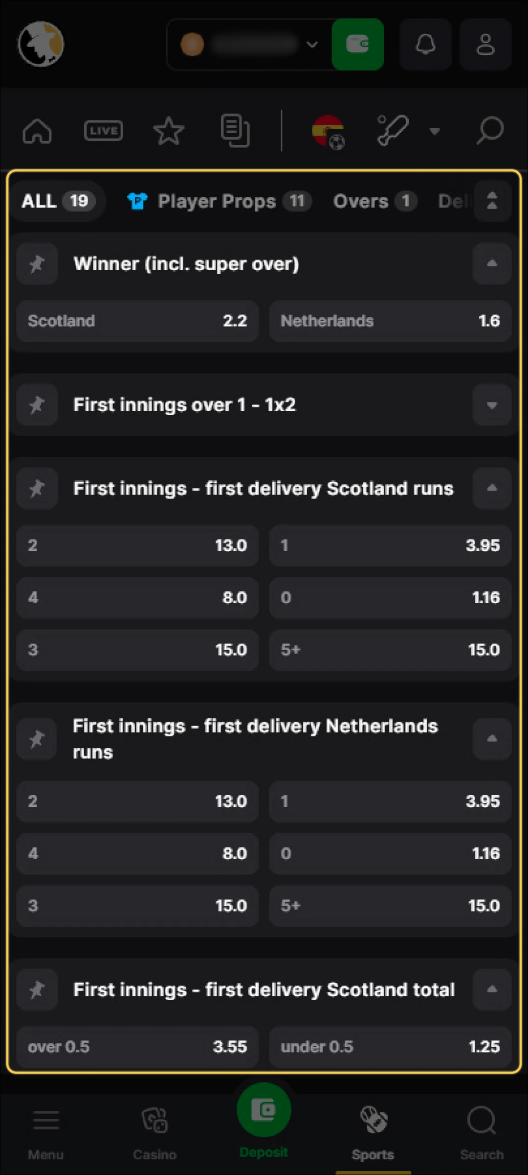 After selecting the sport, check the odds for different outcomes.