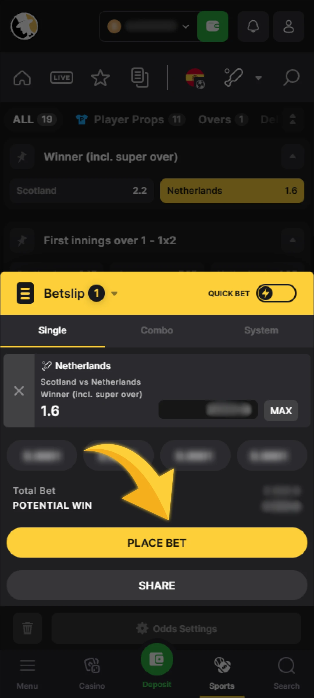 Confirm the bet and wait for the result to appear in the app.