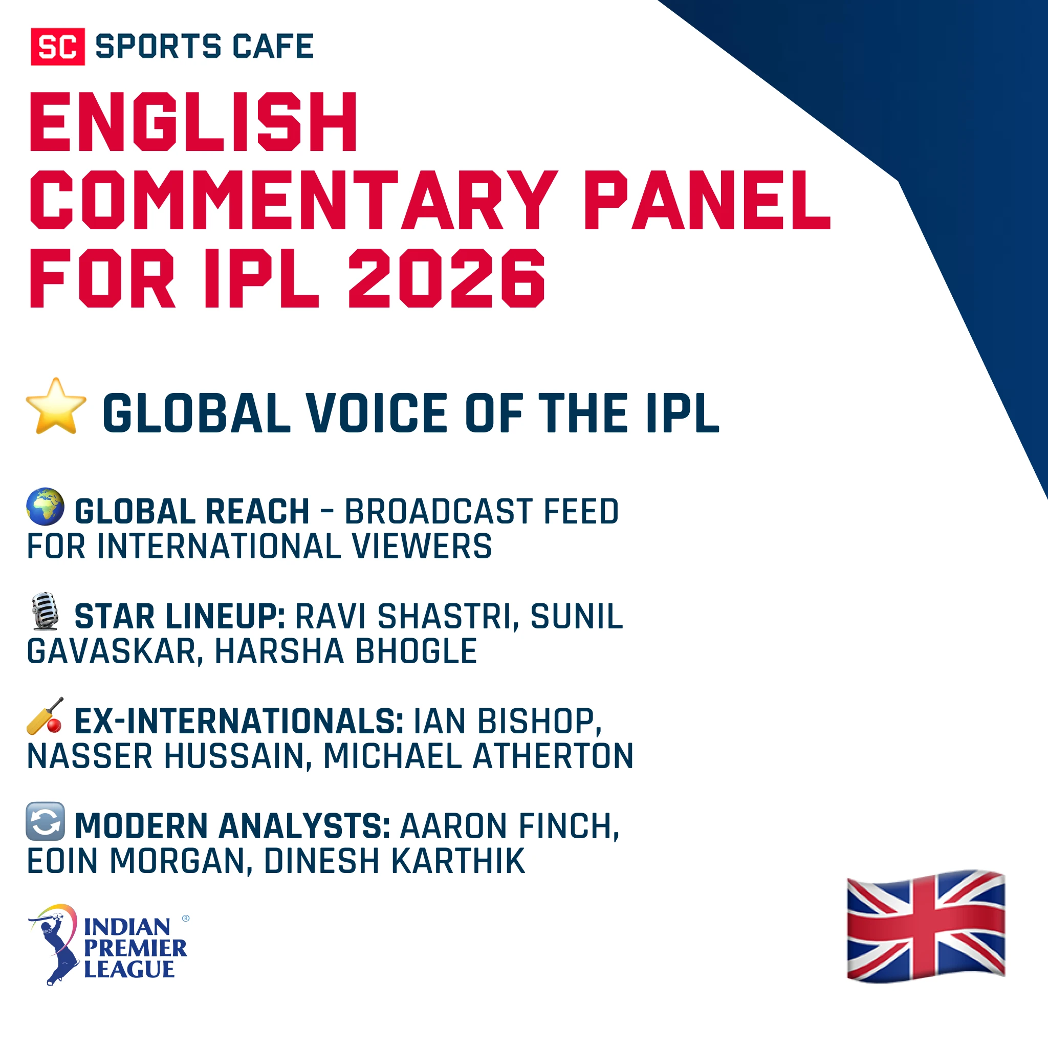 English Commentary Panel for IPL 2026.