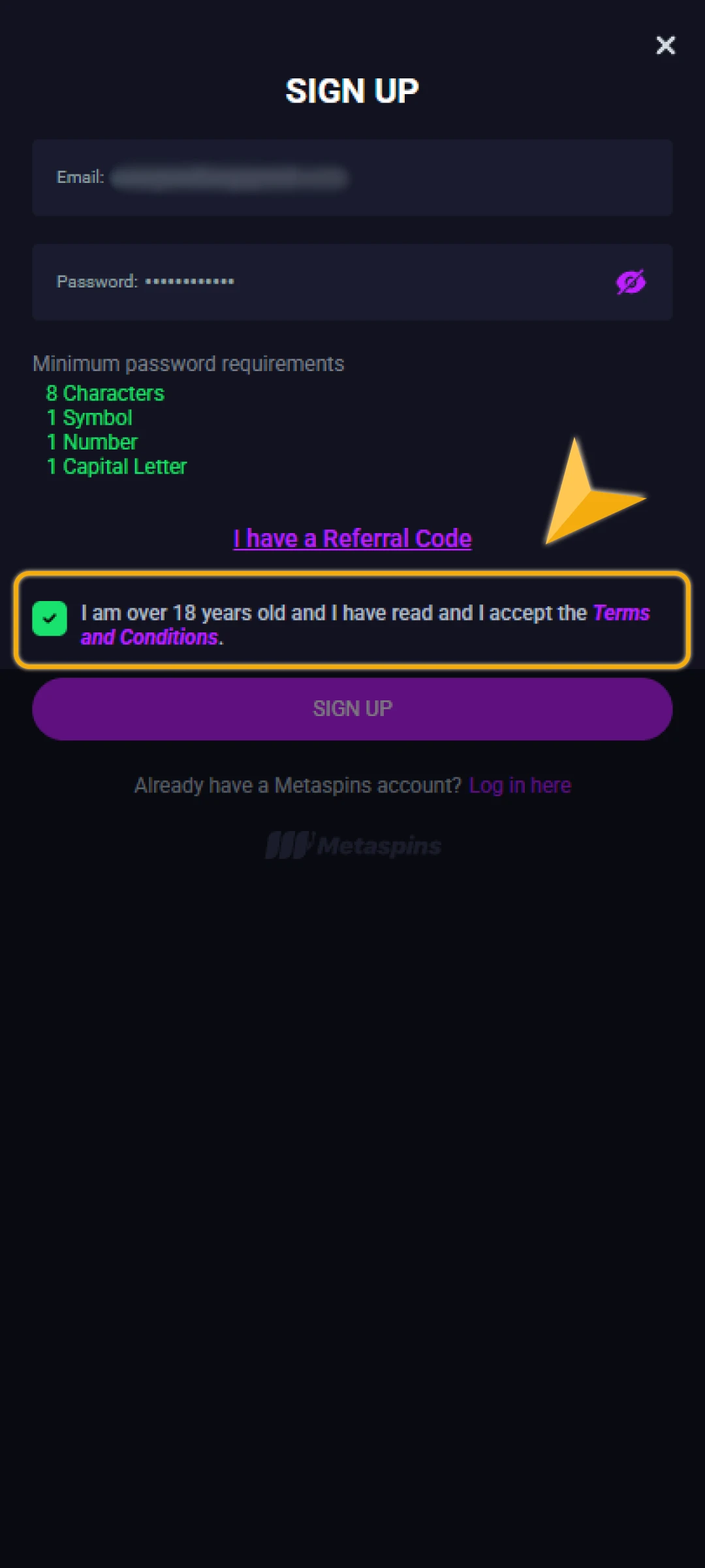 Confirm being over 18 years old by checking the box.