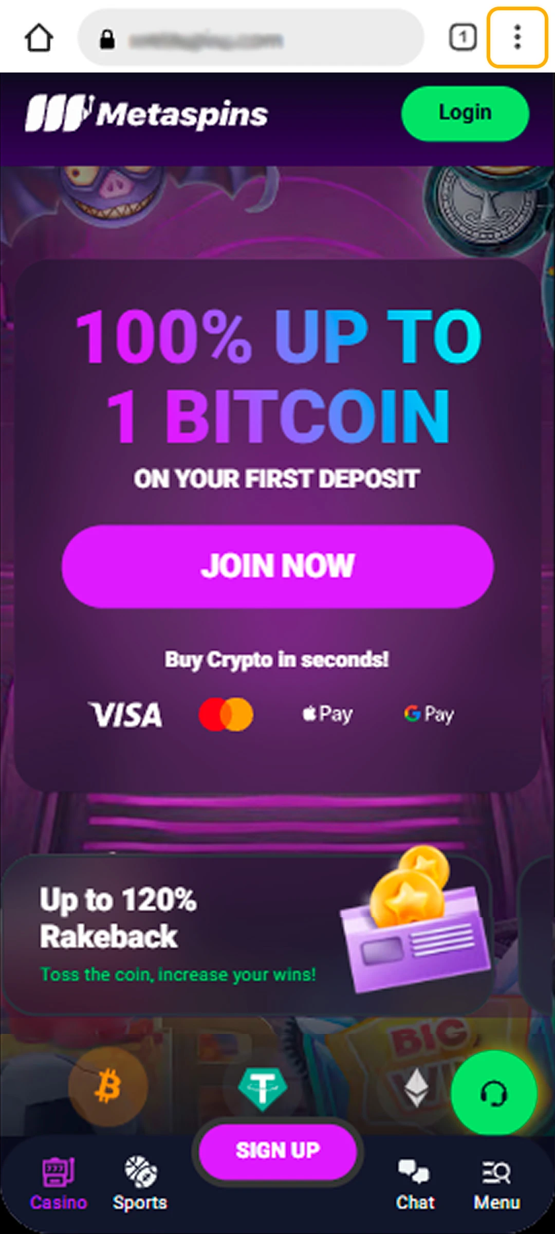 Open your mobile browser and visit the Metaspins app website.