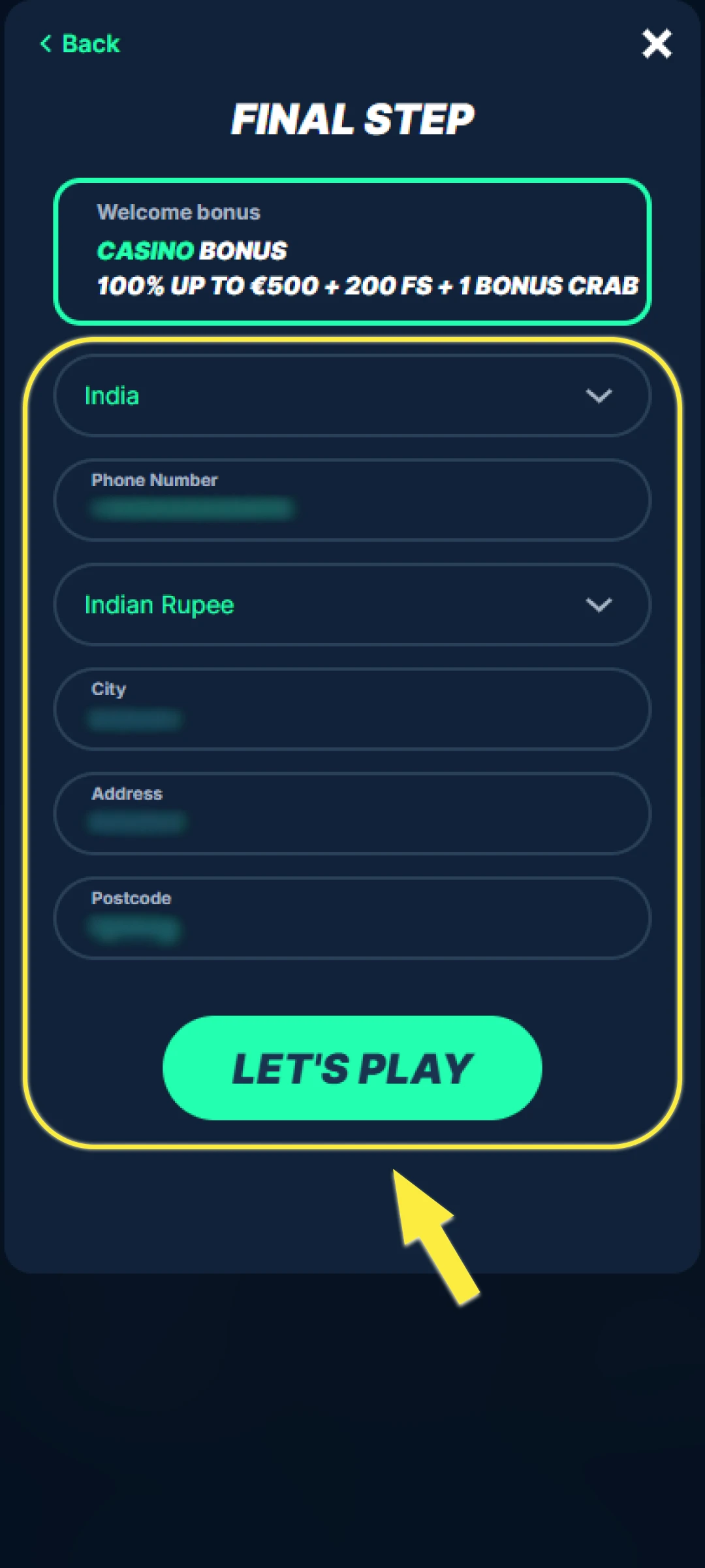 Choose country, phone number, currency, and enter the address.