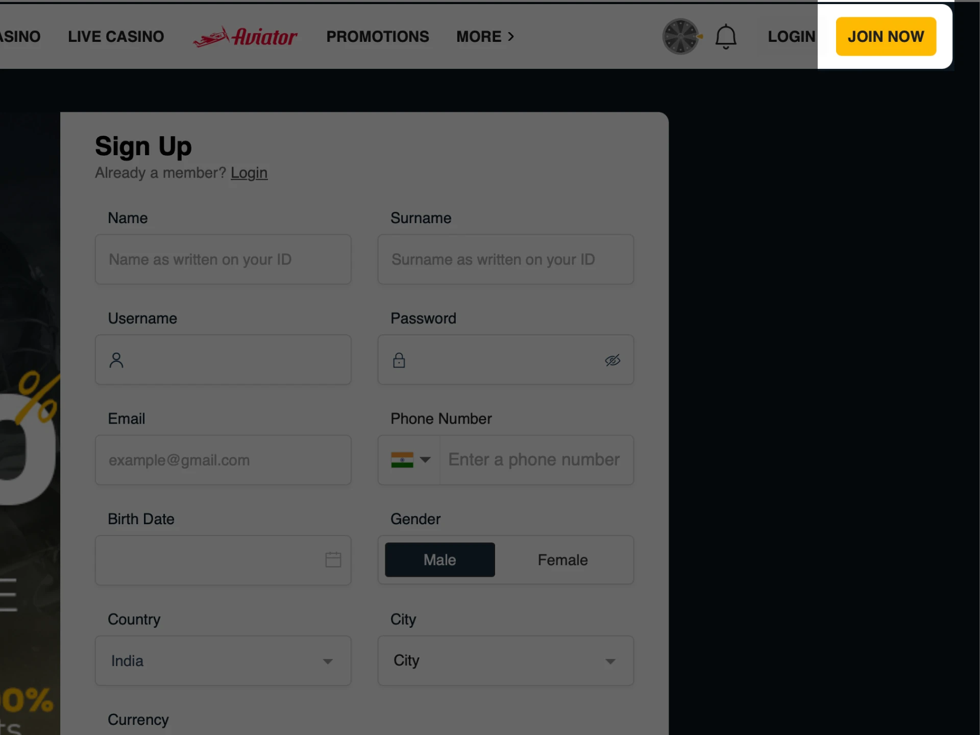 Sign up on the Aviator website to access all game features.