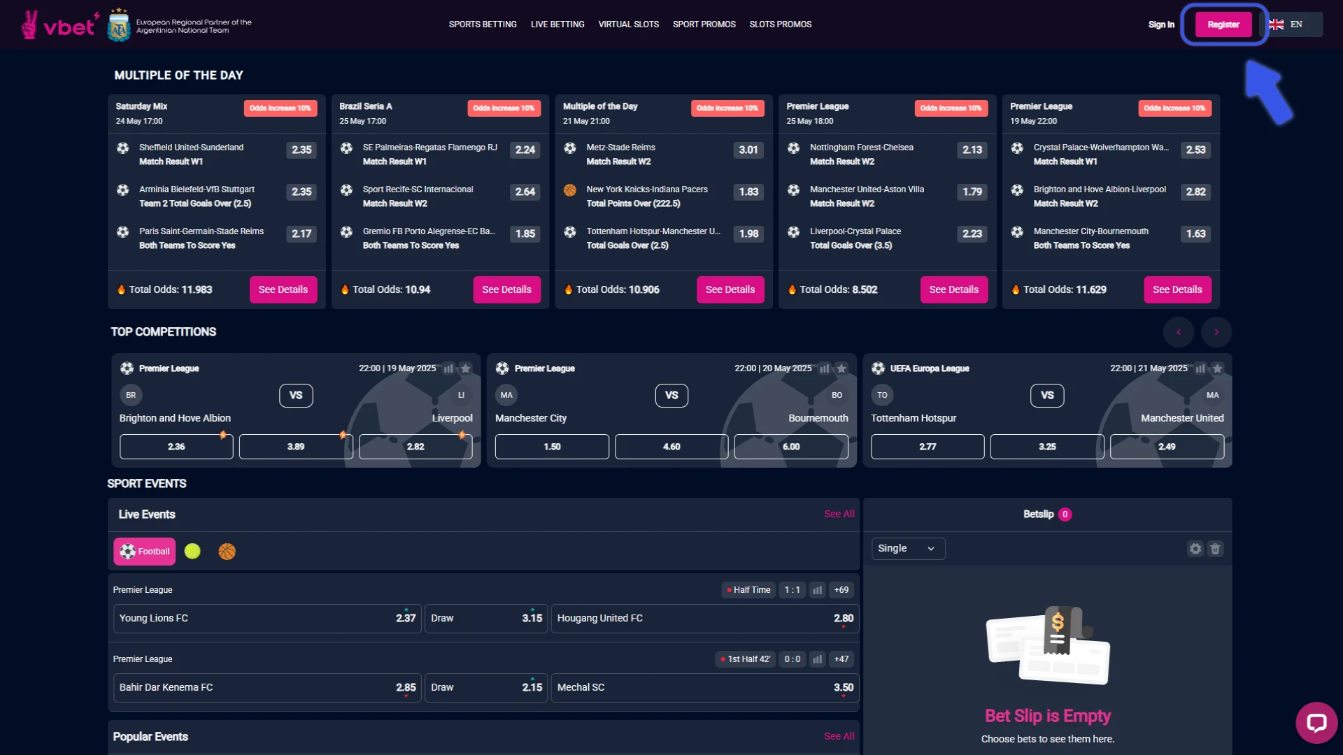 Official Vbet website and click register.